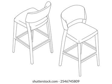 Hand-drawn bar chair and stool vector illustration. Editable line art design ideal for bar furniture, kitchen counters, and trendy seating options in modern interiors with isometric view