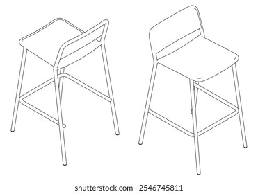 Hand-drawn bar chair and stool vector illustration. Editable line art design ideal for bar furniture, kitchen counters, and trendy seating options in modern interiors with isometric view