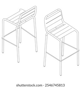 Hand-drawn bar chair and stool vector illustration. Editable line art design ideal for bar furniture, kitchen counters, and trendy seating options in modern interiors with isometric view