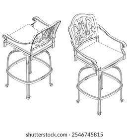 Hand-drawn bar chair and stool vector illustration. Editable line art design ideal for bar furniture, kitchen counters, and trendy seating options in modern interiors with isometric view