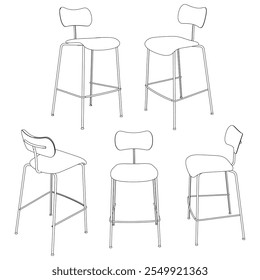 Silla de bar dibujada a mano y Ilustración vectorial de taburete. Diseño de arte de línea editable ideal para muebles de bar, mostradores de cocina y opciones de asientos de moda en interiores modernos