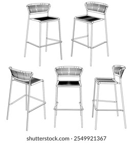 Hand-drawn bar chair and stool vector illustration. Editable line art design ideal for bar furniture, kitchen counters, and trendy seating options in modern interiors