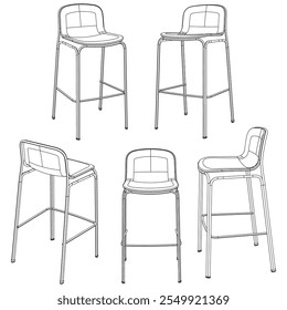 Silla de bar dibujada a mano y Ilustración vectorial de taburete. Diseño de arte de línea editable ideal para muebles de bar, mostradores de cocina y opciones de asientos de moda en interiores modernos