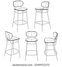 Hand-drawn bar chair and stool vector illustration. Editable line art design ideal for bar furniture, kitchen counters, and trendy seating options in modern interiors