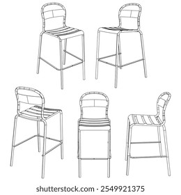 Silla de bar dibujada a mano y Ilustración vectorial de taburete. Diseño de arte de línea editable ideal para muebles de bar, mostradores de cocina y opciones de asientos de moda en interiores modernos