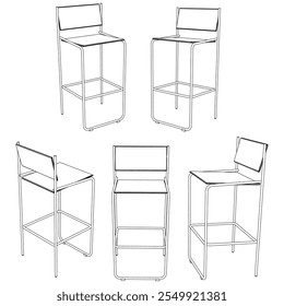 Silla de bar dibujada a mano y Ilustración vectorial de taburete. Diseño de arte de línea editable ideal para muebles de bar, mostradores de cocina y opciones de asientos de moda en interiores modernos