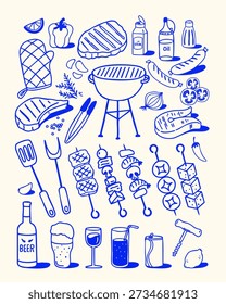 Hand-drawn barbecue and grilling vector illustration set in a clean blue line doodle style. This collection includes a charcoal grill, grilled steaks, sausages, skewers, vegetables, sauces, spices, cooking tools, oven mitt, and various drinks such as beer and soda. Ideal for summer BBQ themes, food packaging, restaurant menus, posters, social media content, and outdoor party designs. Fully editable vector elements suitable for both print and digital use.