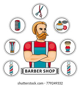 Hand-drawn barbershop set - barber, scissors, shaving gel and brush, hair comb, lotion and barbershop pole, vector illustration isolated on white background. Barbershop set with barber and tools