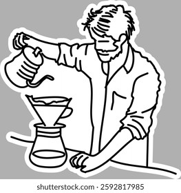 Hand-Drawn Barista Pouring Coffee, Black and White Sketch