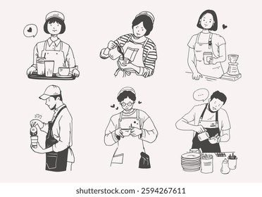 Hand-Drawn Barista and Café Staff Illustration Set. Perfect for coffee shop branding, menu designs, packaging, posters, social media content, editorial illustrations, and café-themed merchandise. 