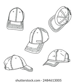 Hand-drawn baseball cap vector drawing different perspectives