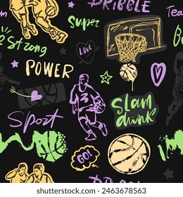 Hand-drawn basketball seamless pattern, sports background with text, ball. Typography slogan. Sports inscription. Vector illustration, Caligraphy, abstract ball.