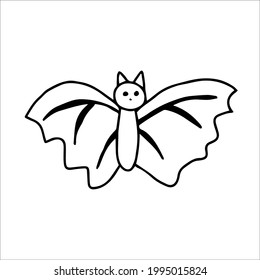 Hand-drawn bat in a primitive children's style, isolated on a white background. Cartoon character funny bat with openwork wings. Vector illustration