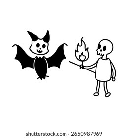 Handdrawn a bat a skeleton holding a torch with flames fire