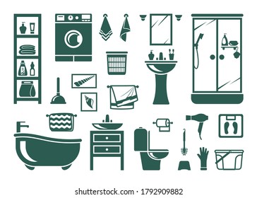 Handdrawn bathroom equipment set. Modern washing machine bath shower green toilet bowl paper and brush rack with towel detergents bathroom scales basket for dirty clothes. Clean flat vector.