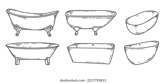 Hand-drawn bathtub, different angles and styles. Simple doodle sketch style. Vector illustration.