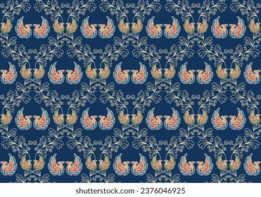 Hand-drawn batik seamless pattern block print floral and bird vector