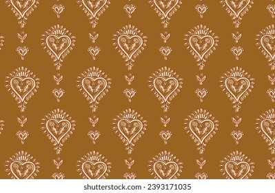 Hand-drawn batik seamless pattern block print vector heart shape ajrakh