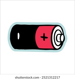 Ilustração desenhada à mão da bateria. Adesivo criativo simbolizando energia, potência e carga. Ilustração vetorial para tecnologia, dispositivos e produtividade.