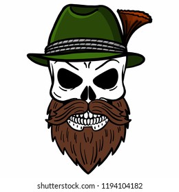 Hand-drawn Bavarian vector skull with full beard and traditional hat with Gamsbart. Beer festival, Oktoberfest, traditional, beer, Bavaria, hat, green, brown.