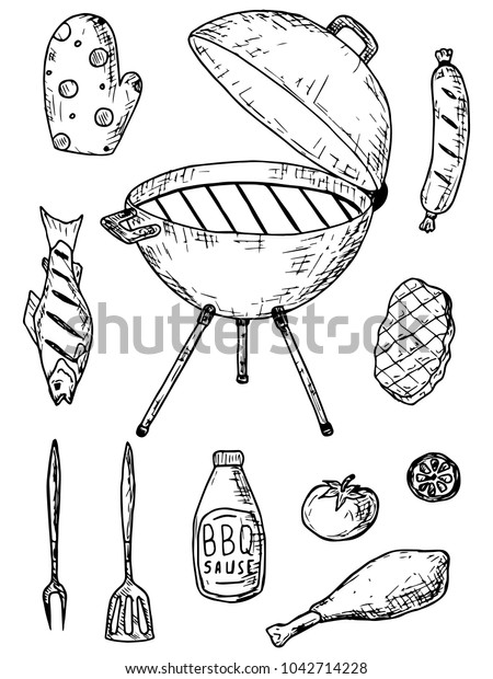 Handdrawn Bbq Grill Sketches Barbecue Tools Stock Vector (Royalty Free ...