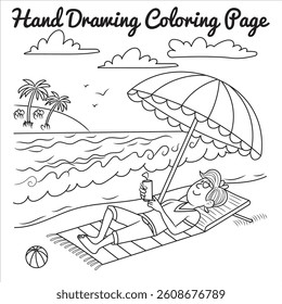 Hand-drawn beach coloring page with umbrella, ocean, and sun