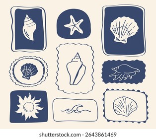 Hand-drawn beach element set with shells, starfish, flower, waves and sun ocean-themed vector illustrations in soft vintage colors for coastal design.