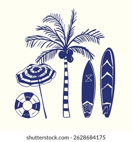 Hand-drawn beach icons for summer designs. Great for surf shops, travel ads, tropical party invites, or beachwear branding.