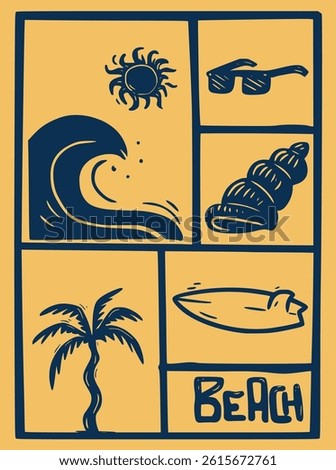 Hand-drawn beach illustration featuring wave, sun, sunglasses, seashell, palm tree, and surfboard. A playful and artistic tribute to tropical surf lifestyle and summer fun.