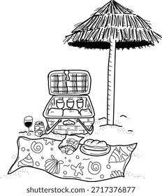 Piquenique de praia desenhado à mão doodle vetor. Cesta de piquenique, cobertor, bebidas, comida e um guarda-chuva. Prepare-se para o almoço na praia!