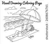 Hand-drawn beach scene with a person under an umbrella, relaxing