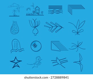 Hand-drawn beach-themed vector set with summer doodles like waves, palm trees, shells, crabs, sunglasses, and surfboards. Perfect for vacation designs, t-shirt prints, and tropical projects.