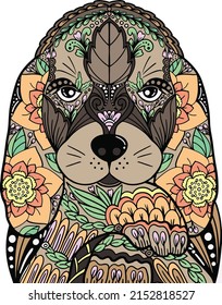 Hand-drawn a Beagle doodle art with flower elements and mandala. Coloring page for adults and kids. Vector Illustration.