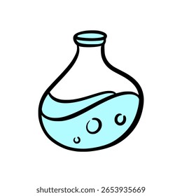 Hand-Drawn Beaker Cartoon Vector – Science Lab Flask with Liquid in Fun School Style