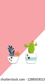 Handdrawn Beautiful Cactus With Colorful Pots