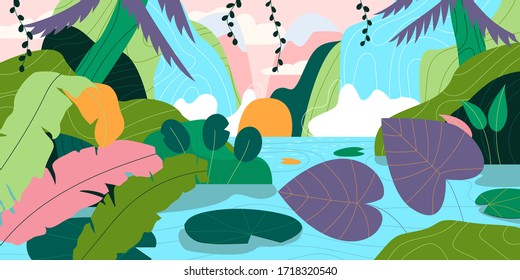 Hand-drawn beautiful exotic landscape with waterfall. Flat vector illustration.