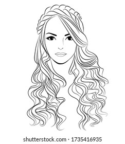 Hand-drawn Beautiful face of young woman isolated on white background. Line head of a girl with long wavy hair. Young lady face sketch vector illustration.