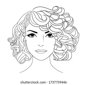 Hand-drawn Beautiful face of young woman isolated on white background. Line head of a girl with shot wavy hair. Young lady face sketch vector illustration.