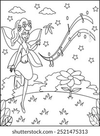 hand-drawn Beautiful fairy isolated on a white background Coloring Page For Kids illustration.