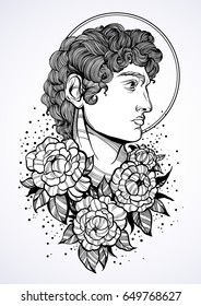 Hand-drawn beautiful portrait of David with peony flowers around. 