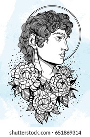 Hand-drawn beautiful portrait of David with peony flowers around. Ancient Greek gods. Antiquity, mythology, tattoo art, prints, posters. Isolated high-detailed vector illustration in line art style.