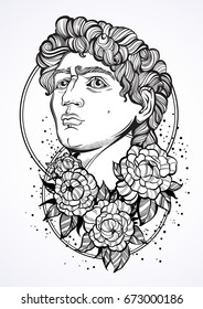 Hand-drawn beautiful portrait of David with peony flowers around. Ancient Greek gods. antiquity, mythology, tattoo art, prints, posters. Isolated high-detailed vector illustration in line art style.