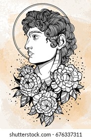 Hand-drawn beautiful portrait of David with peony flowers around. Ancient Greek gods. antiquity, mythology, tattoo art, prints, posters. Isolated high-detailed vector illustration in line art style.