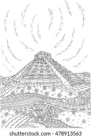 Preciosa pirámide dibujada a mano en Perú, con patrones étnicos de doodle. Zendala, diseño para meditación, ilustración vectorial, aislado en un fondo con motivos claros. Doodles Zen.