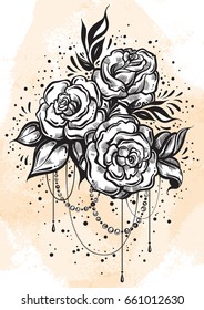 Hand-drawn beautiful roses in linear style. Tattoo art. Graphic vintage composition. Vector illustration isolated. T-shirts, print, posters, textiles