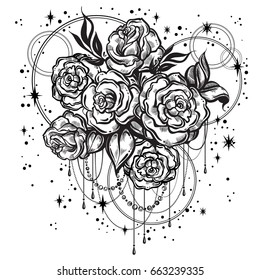 Hand-drawn beautiful roses in linear style with sacred geometry and stars. Tattoo art. Graphic vintage composition. Vector illustration isolated. T-shirts, print, posters, textiles