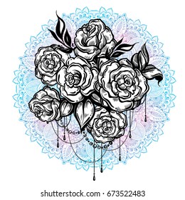 Hand-drawn beautiful roses over the Mandala, ornate round pattern. Tattoo art. Graphic vintage composition in linear style. Vector illustration isolated. T-shirts, print, posters, textiles
