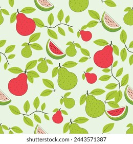 Hand-drawn beautiful seamless pattern vector. guava pattern illustration. fruit pattern, guava pattern with leaves.