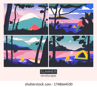 Hand-drawn beautiful summer landscape. Hiking landscapes. Vector illustration.