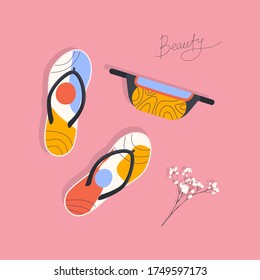 Hand-drawn beautiful women's accessories, flip flops and waist bag. White Gypsophila plant. Flat vector illustration.